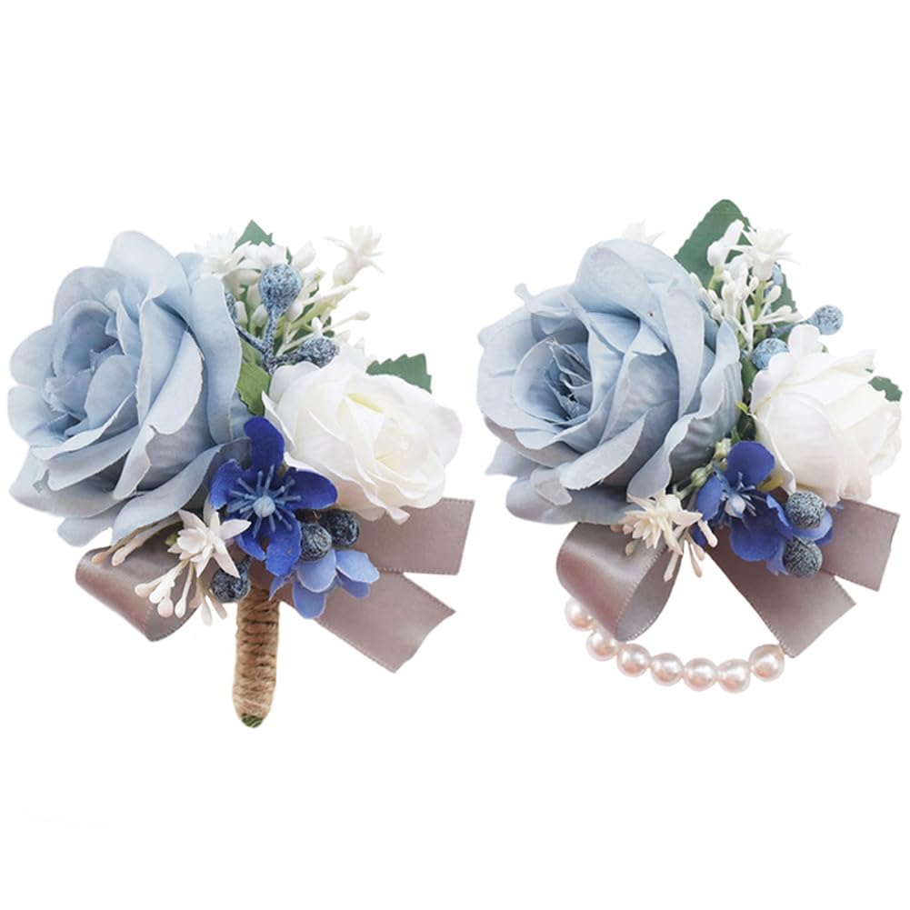 MAFELOE 2 Pieces Homecoming Party Prom Artificial Wrist Corsage and Boutonniere Set, Groom Groomsmen Bride Bridesmaids Wedding Simulation Flowers Accessories Suit Decorations - Dusty Blue+White
