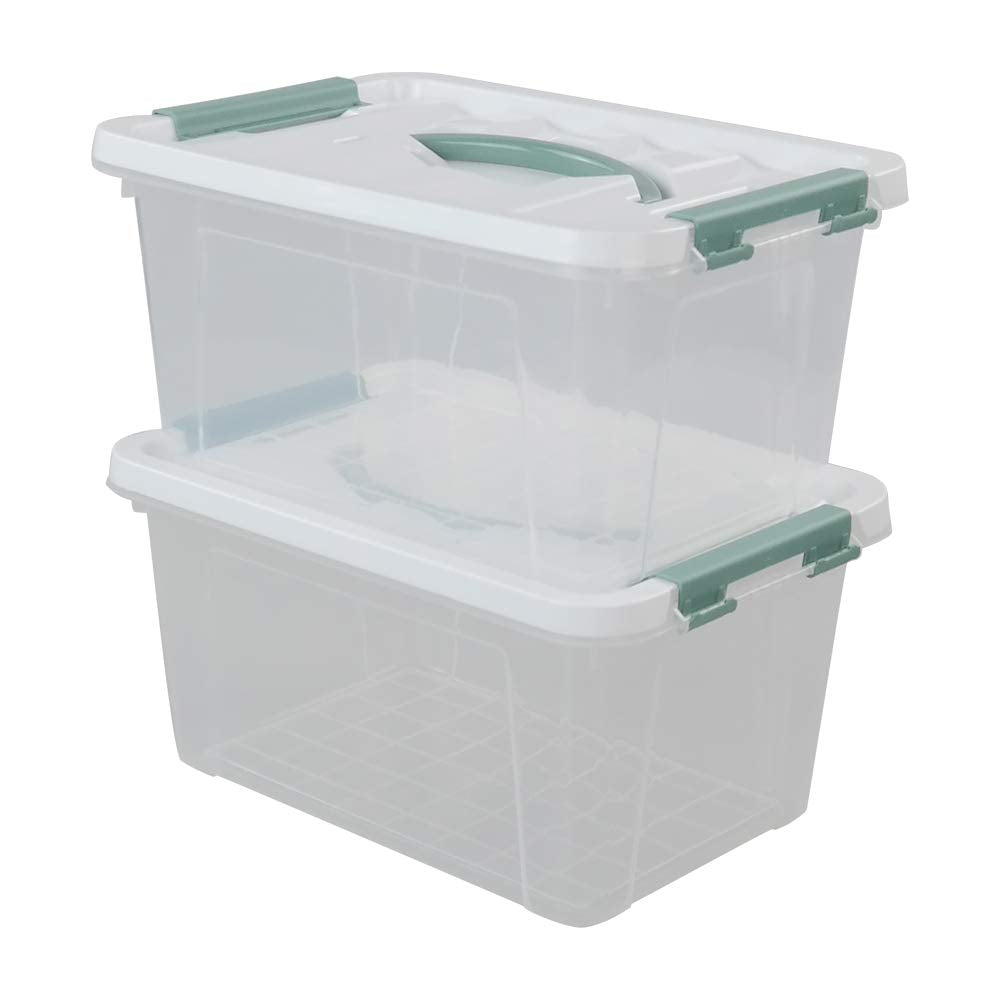 Gloreen 6 Quart Clear Storage Bins with Lid and Green Handle, Multipurpose Stackable Plastic Storage Latches Box/Containers, Set