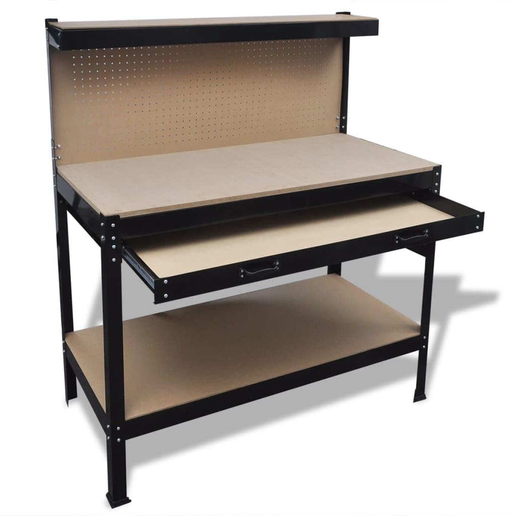 vidaXL Workbench w/Pegboard and Drawer Steel Table Garage Workshop Storage