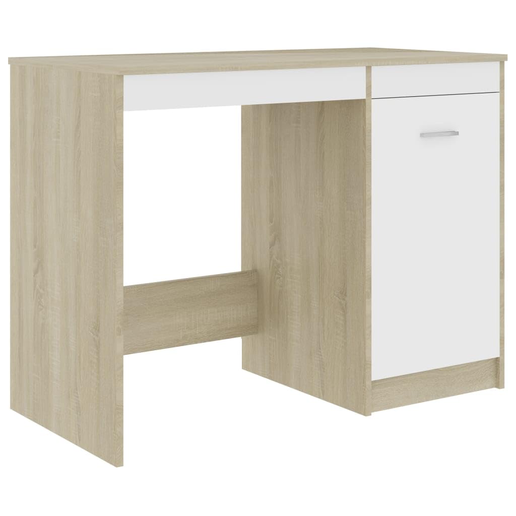 vidaXL Sleek Desk, White and Sonoma Oak Finish, Engineered Wood Construction, Integrated Storage Cabinet, Modern Scandinavian Design, 39.4”x19.7”x29.9”