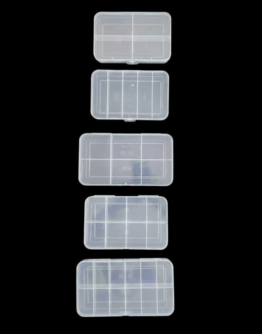 C.S.M CSM Jewelry Case Organizer, Rectangular Plastic Storage Box with Dividers, 4/5/6/8/12 Grids, Transparent, Pack of 5 Boxes