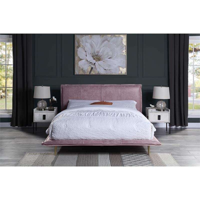 Acme Metis Top Grain Leather Upholstered Queen Bed with Metal Legs in Pink