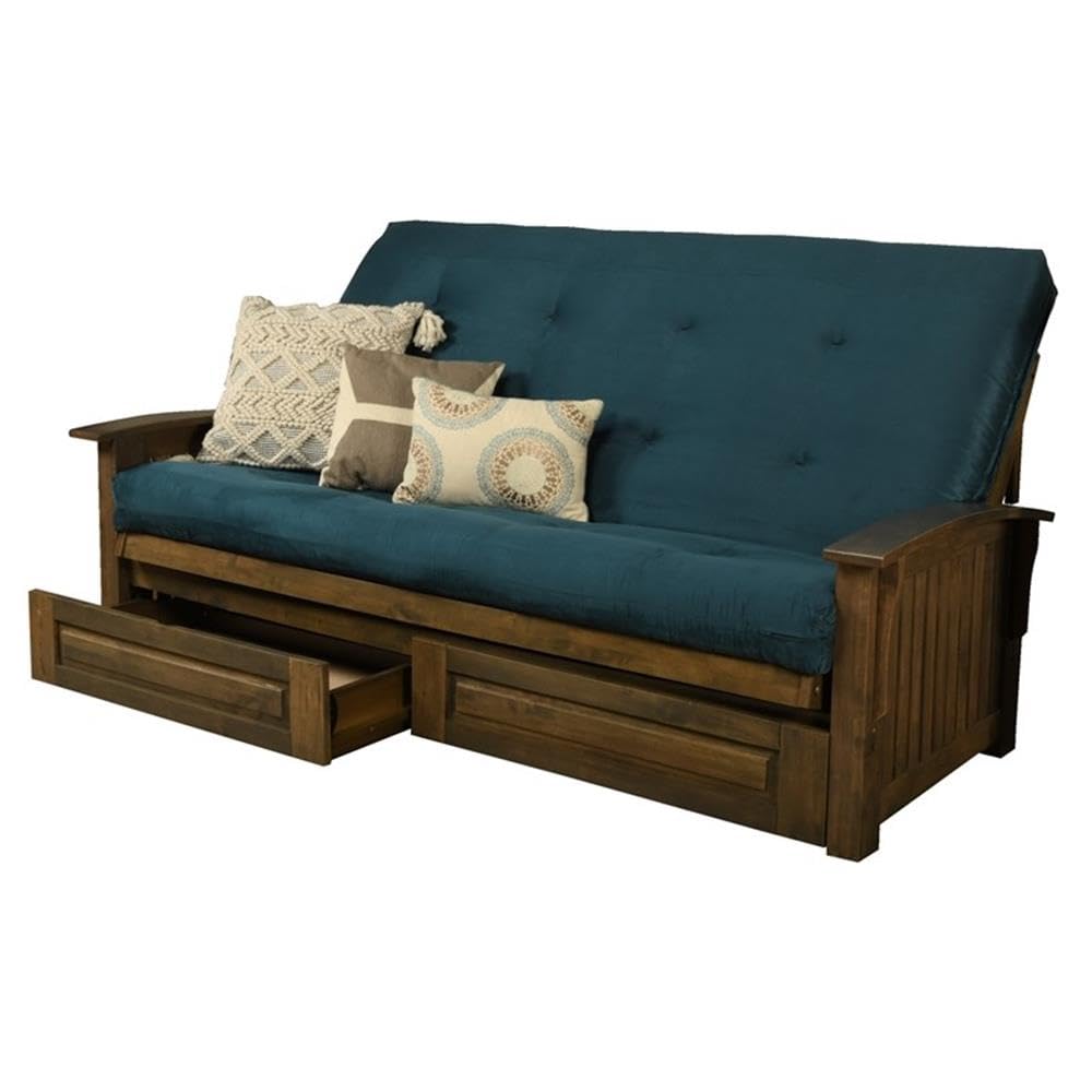 Kodiak Furniture Washington Queen Size Futon Frame with Storage Drawers - Wood Futon Frame with Mattress Included in Blue Color