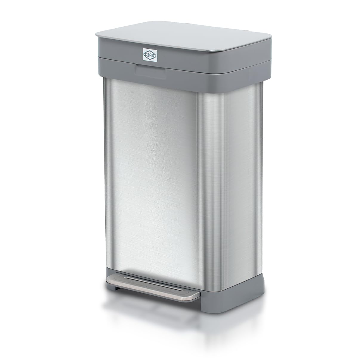 Clorox 13 Gallon Trash Can - 50L Kitchen Trash Can with Wide Step Pedal - Rectangular Stainless Steel Garbage Bin with Hinged Ri