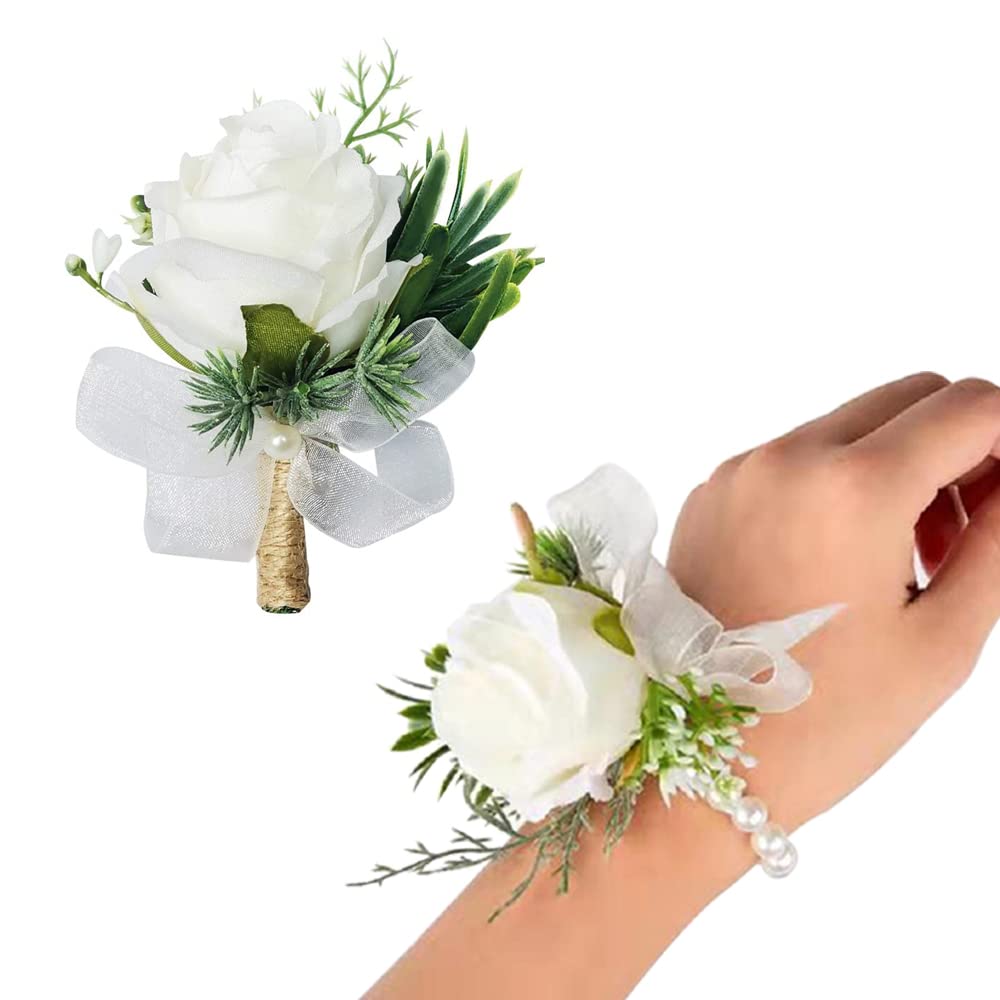 YESKY Corsage Wristlet, White Rose Wrist Flowers and Mens Corsage Set, Boutonniere and Wrist Corsage Bracelet Wristband Roses f