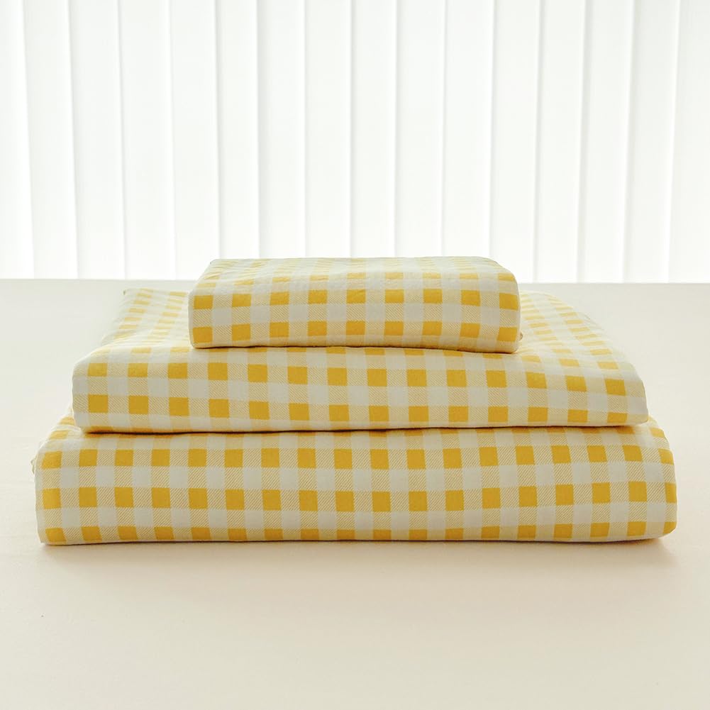 NSNLGSGC Yellow Gingham Full Sheet Set, Soft Brushed Microfiber Plaid Full Bed Sheets, 4-Pieces Grid Sheet Set with Deep Pocket