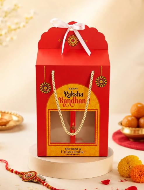 HOMEBAKERS MART Decorative Rakhi Gift Packaging Box for Festive Hampers | Carry Handle Window Box | DIY Assemble | Pack of 5