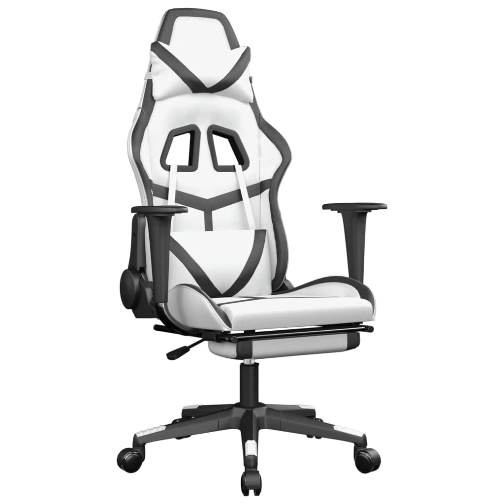 vidaXL Faux Leather Adjustable Massage Gaming Chair with Footrest - Comfortable, Versatile Gaming and Office Seating Solution That Transforms to Lying Bed, Modern White & Black Design