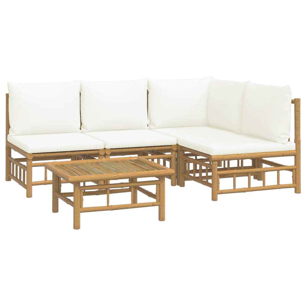 vidaXL Farmhouse Styled Bamboo Patio Lounge Set - 5 Piece Outdoor Furniture Set with Cream White Cushions - Flexible Modular Design for Personalized Configurations - Sturdy Table Included