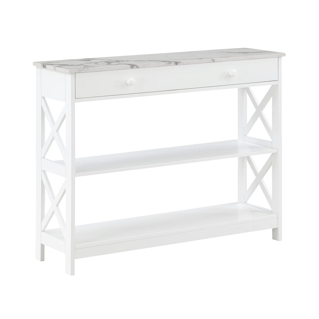 Convenience Concepts Oxford 1 Drawer Console Table With Shelves, White Faux Marble/White