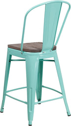 24 High Mint Green Metal Counter Height Stool with Back and Wood Seat