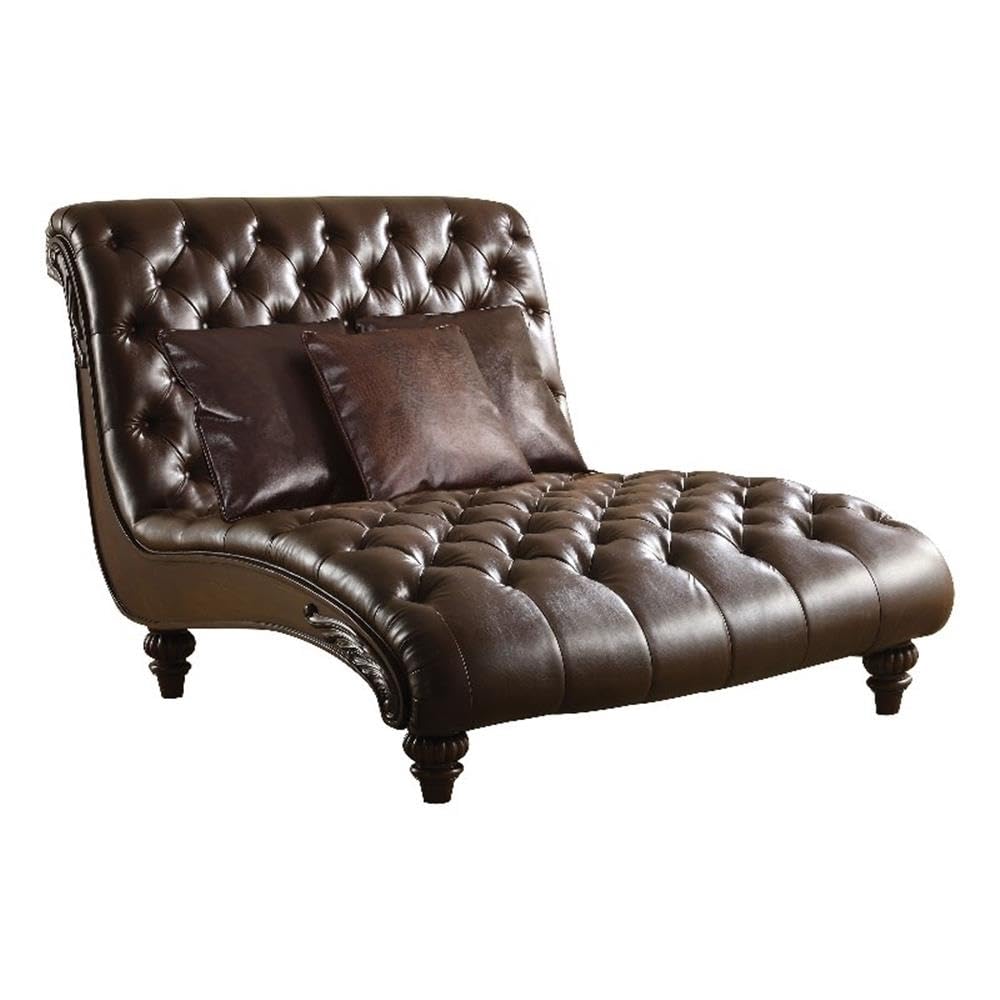 Acme Anondale Tufted Upholstered Faux Leather Chaise with 3 Pillows in Brown