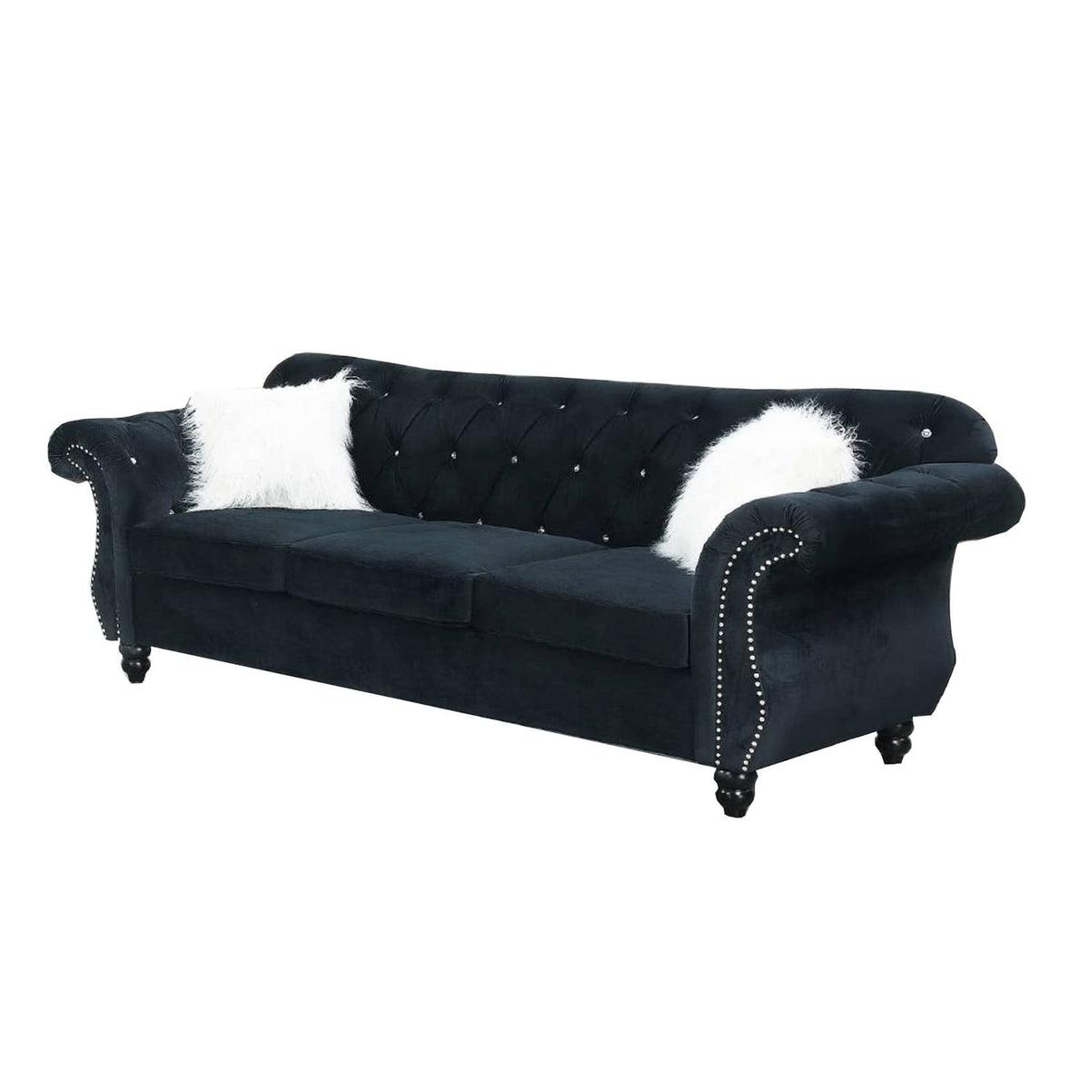Benjara 93 Inches Nailhead Trim Velvet Sofa With Crystal Tufting, Black