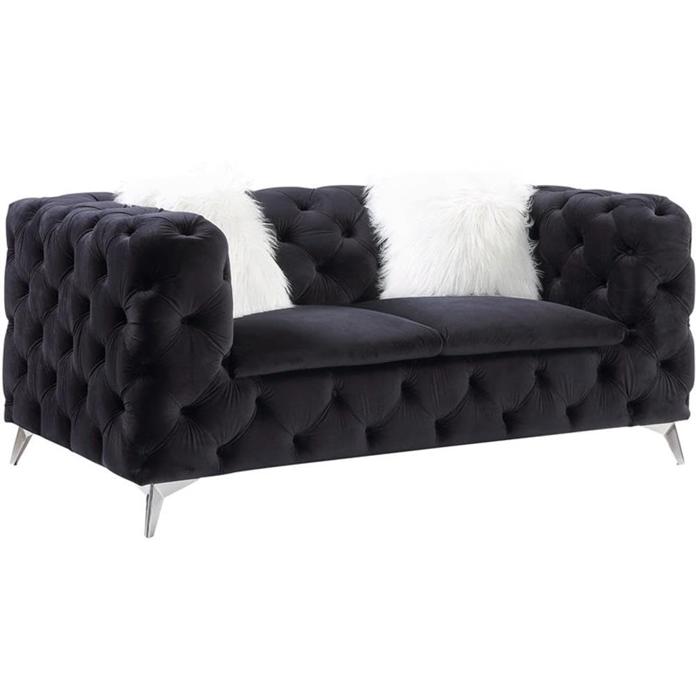Acme Phifina Button Tufted Velvet Upholstered Loveseat with 2 Pillows in Black
