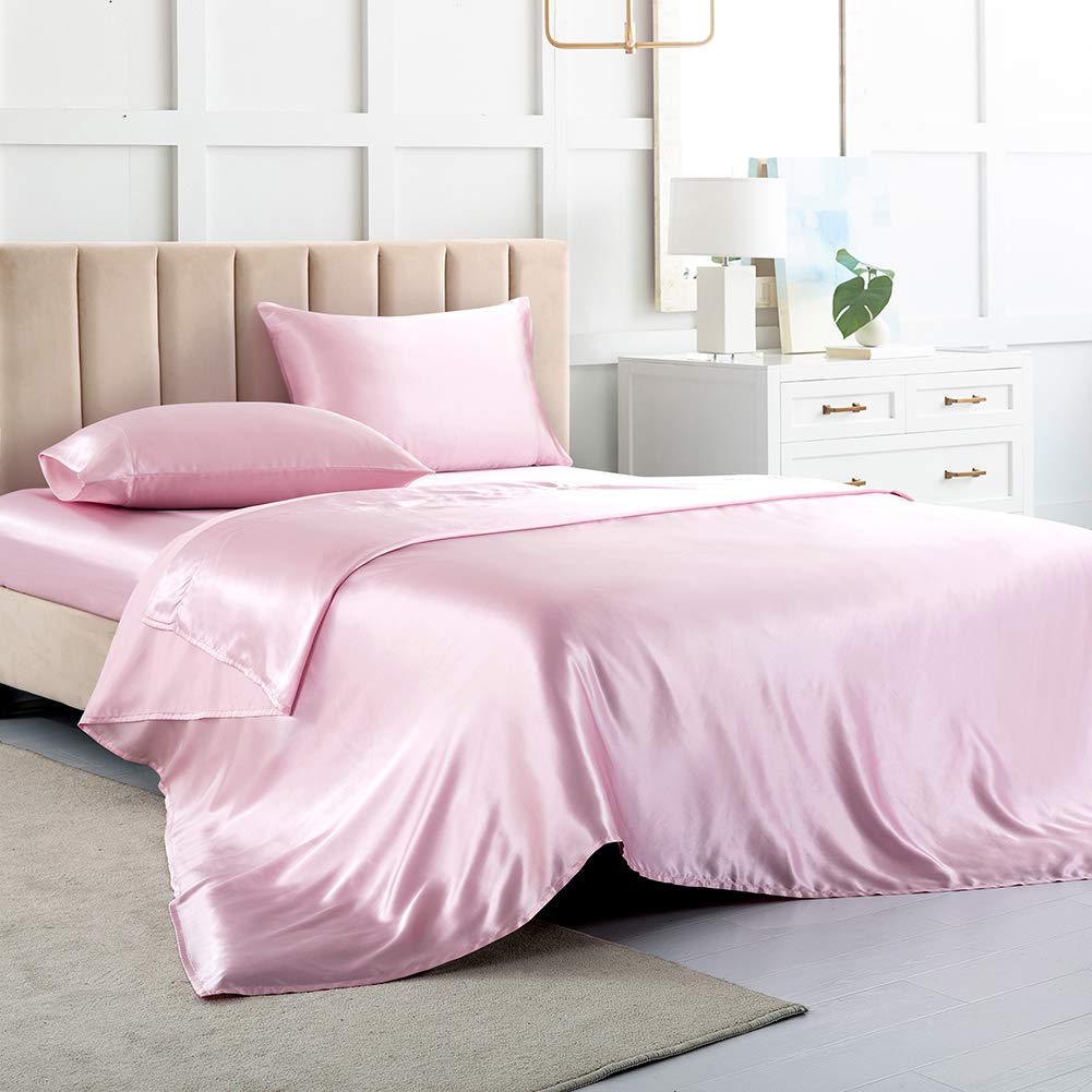 Satin Bed Sheets Queen Sheet Set, Pink Silk Sheets, 4 - Pieces Soft Bedding Set With 1 Deep Pocket Fitted Sheet,1 Flat Sheet,2 P
