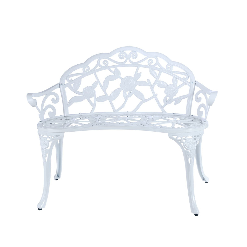 Jardin De Centennial Patio Garden Bench Metal Park Bench Cast Aluminum Outdoor Furniture With Floral Rose For Patio,Park,Lawn,Yard (White)