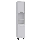 Kitchen Pantry 79" H, 2 Open Storage Shelves, 3 Internal Shelves, 2 Doors, 4 Legs, White