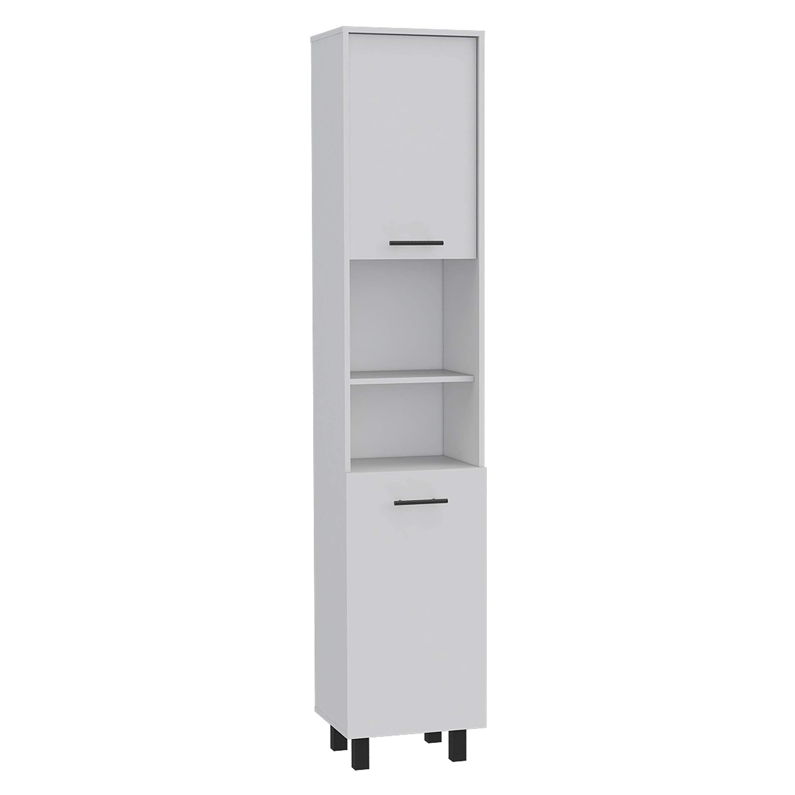 Kitchen Pantry 79" H, 2 Open Storage Shelves, 3 Internal Shelves, 2 Doors, 4 Legs, White