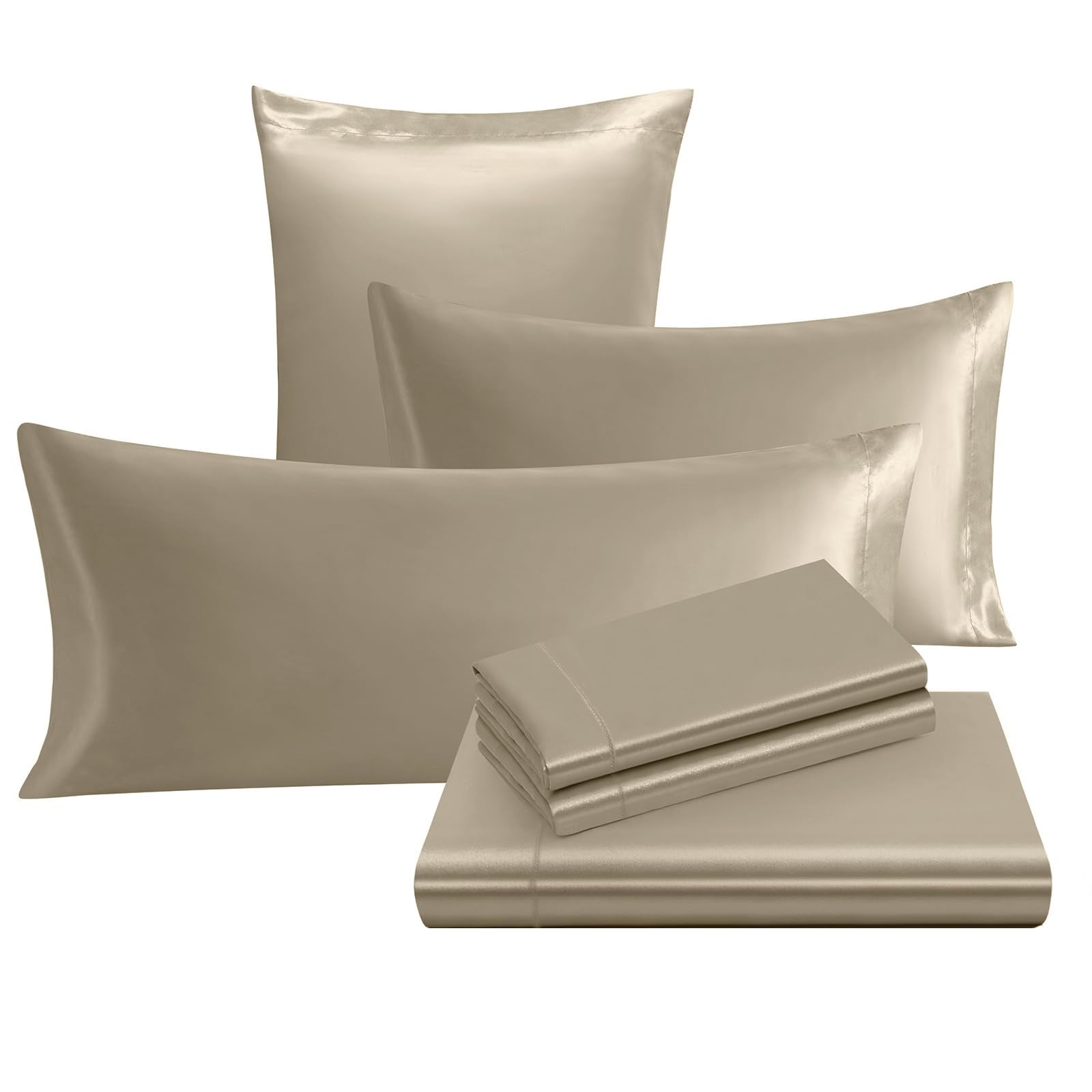 Ersmak 7 Pieces Satin Sheets Set King Size, Luxury Silky Sand Satin Bed Sheets Set With 1 Deep Pocket Fitted Sheet, 1 Soft Flat