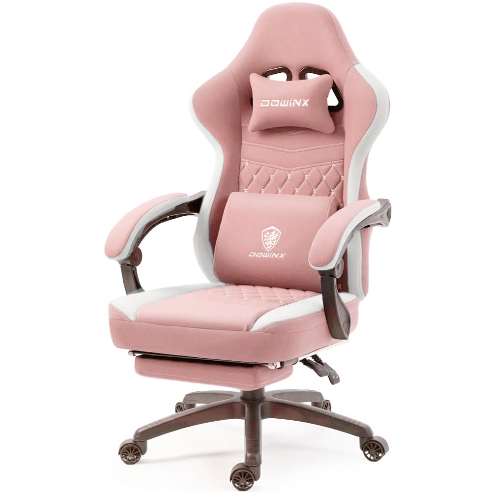Dowinx Gaming Chair Breathable Fabric Computer Chair With Pocket Spring Cushion, Comfortable Office Chair With Gel Pad And Storage Bag,Massage Game Chair With Footrest,Pink
