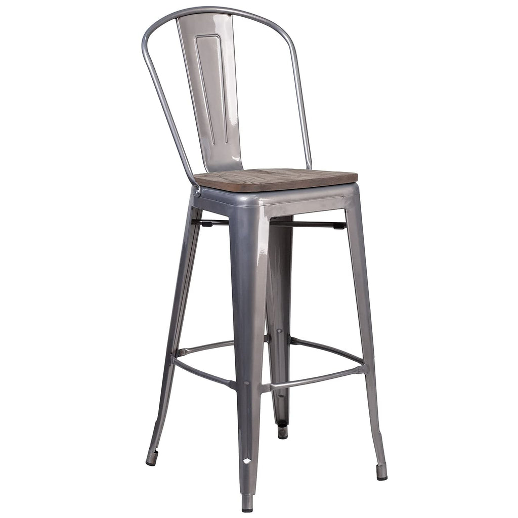 Flash Furniture Lily 30" High White Metal Barstool With Back And Wood Seat