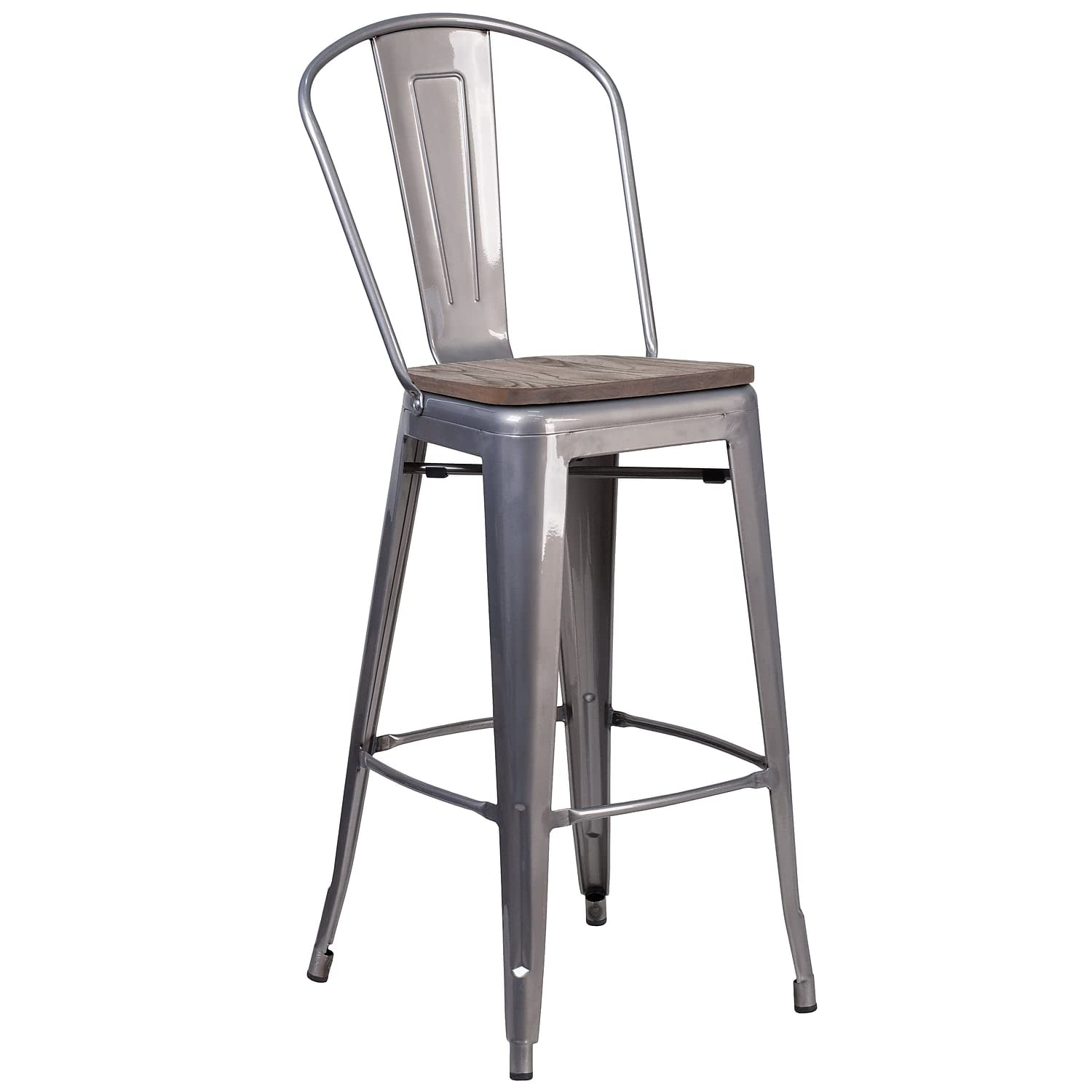 Flash Furniture Lily 30" High White Metal Barstool With Back And Wood Seat