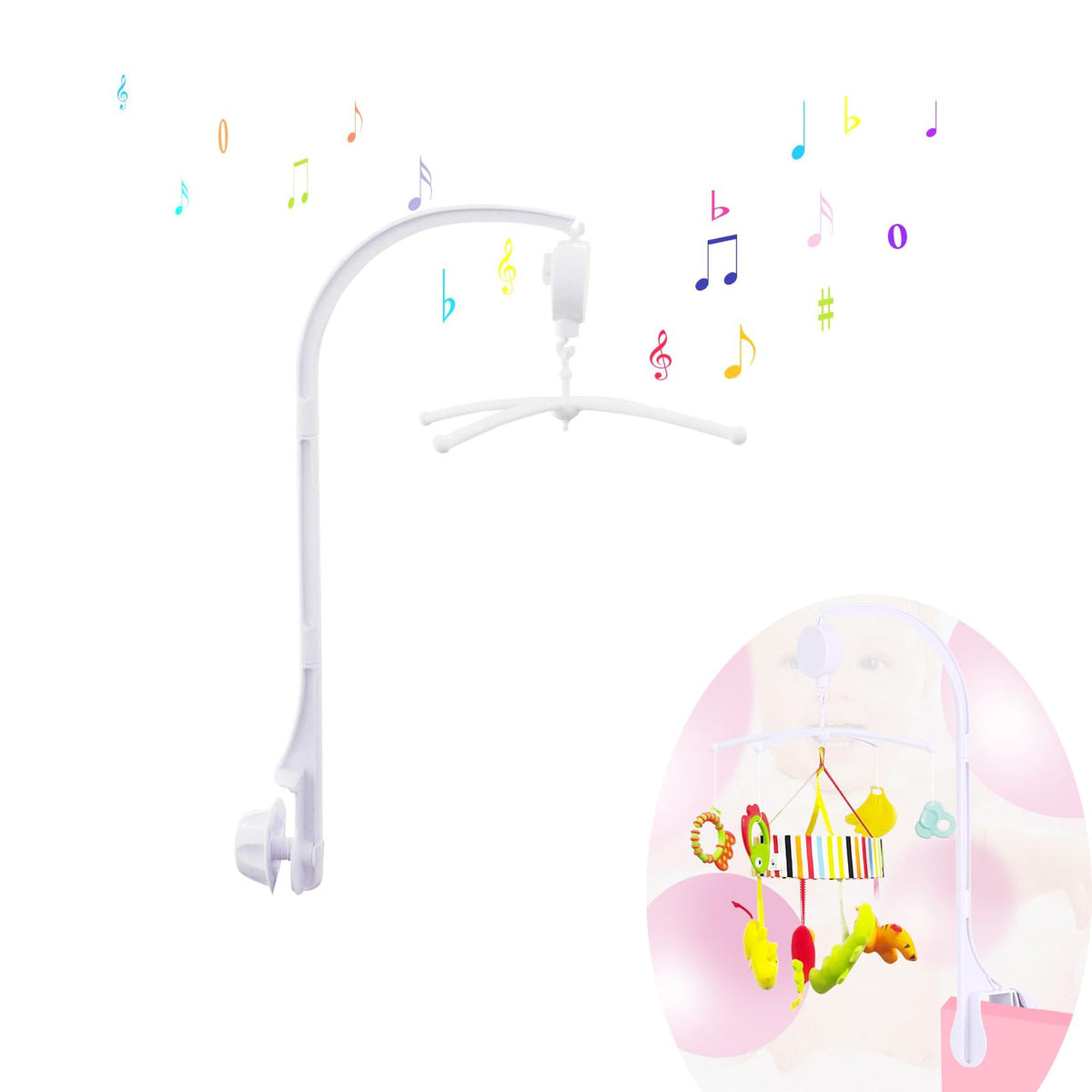 26inch White Baby Crib Mobile Music Box Bed Bell Toy Holder Arm Bracket Nut Screw Music Box Holder Set Parts for Baby Bed Peramb