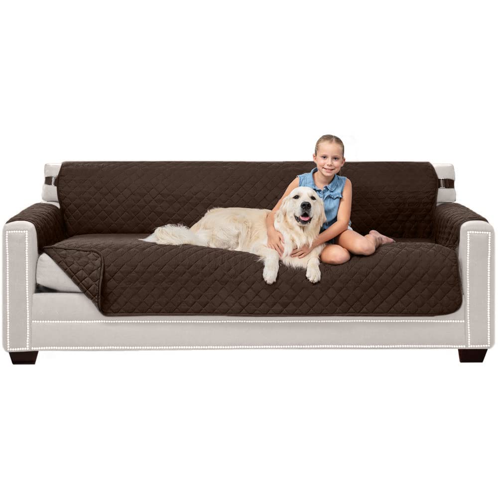 Sofa Shield Couch Slip Cover With Patented Strap, Large Cushion Protector, Reversible Stain And Dog Tear Resistant Slipcover, Quilted Microfiber 78” Seat, Washable Covers For Dogs Pets Kids, Chocolate