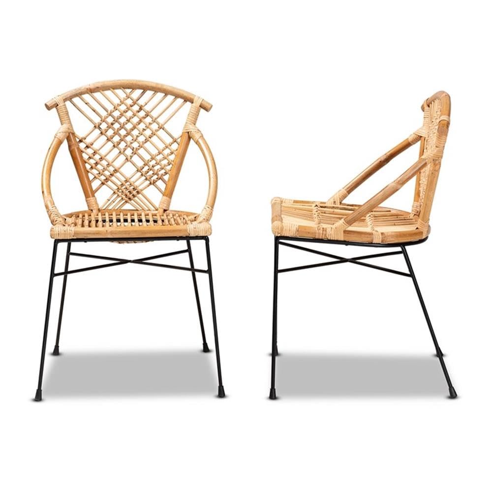 Baxton Studio Pro Modern Bohemian Natural Brown Rattan and Black Metal 2-Piece Dining Chair Set