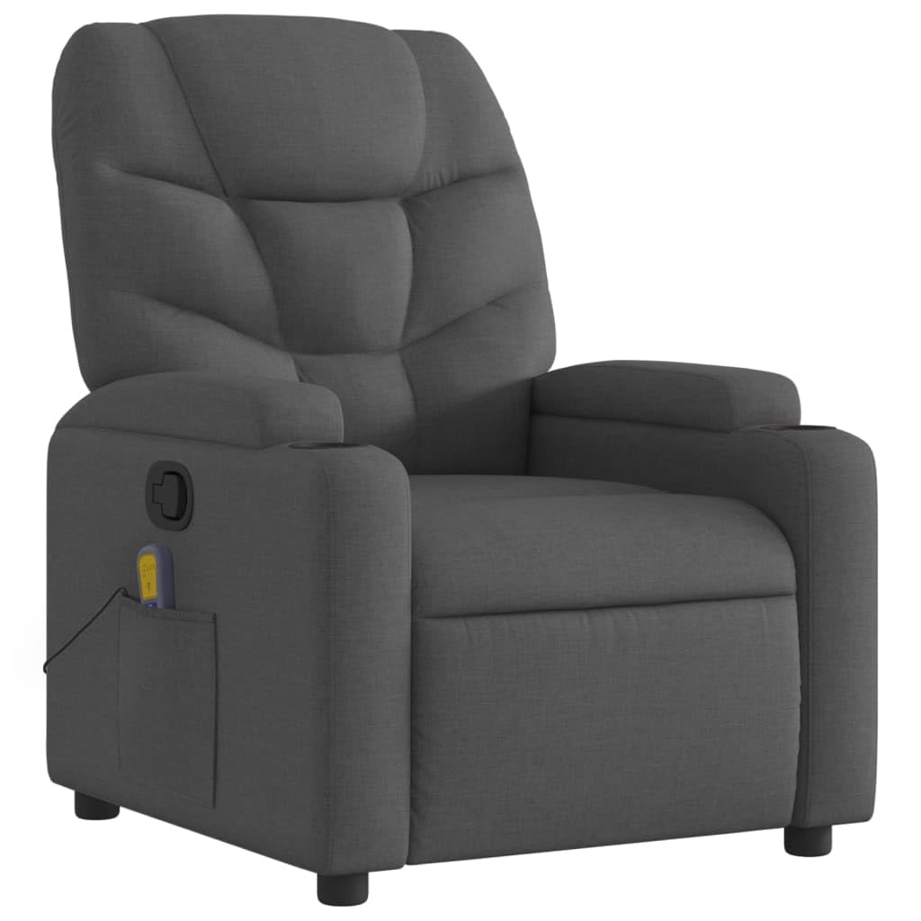 vidaXL Massage Recliner Chair - Manual, Vibrating, Dark Gray Fabric, Multi-Position, Foam Padded, Cup Holders, Solid Wood/Metal Frame for Office, Living Room, Bedroom