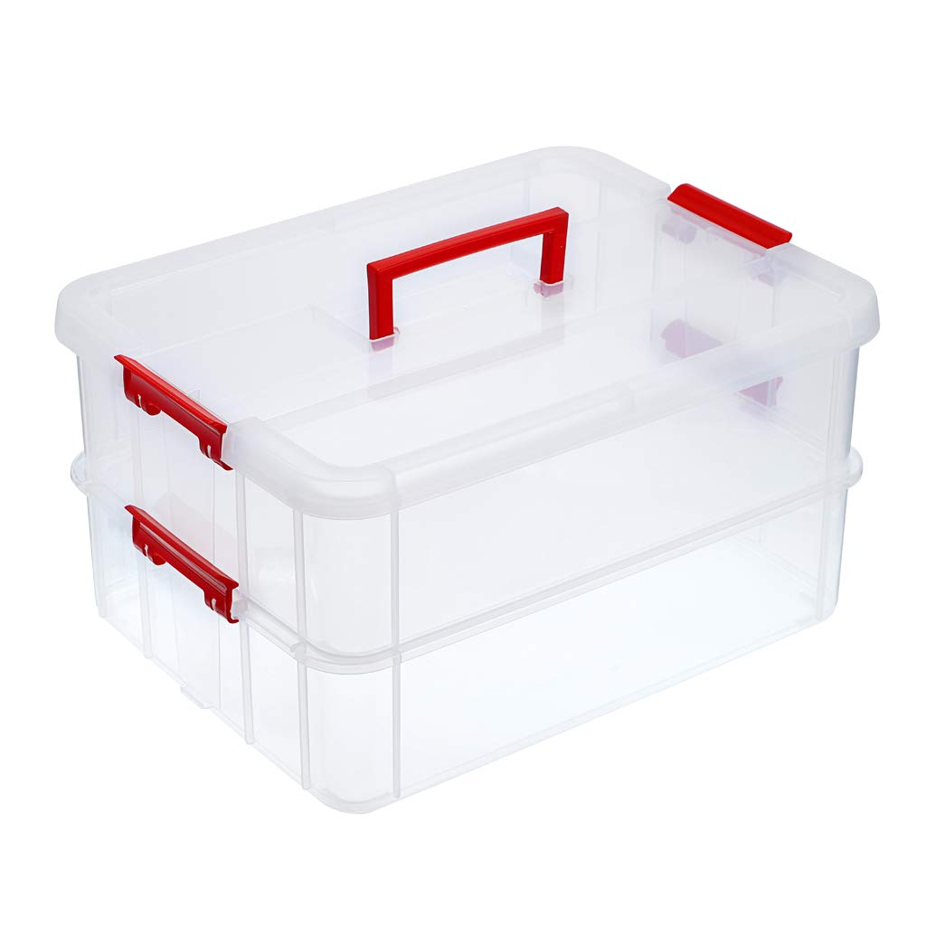 Juxyes 2Tiers Stack Carry Storage Box With Handle, Transparent Stackable Storage Bin With Handle Lid Latching Storage Container