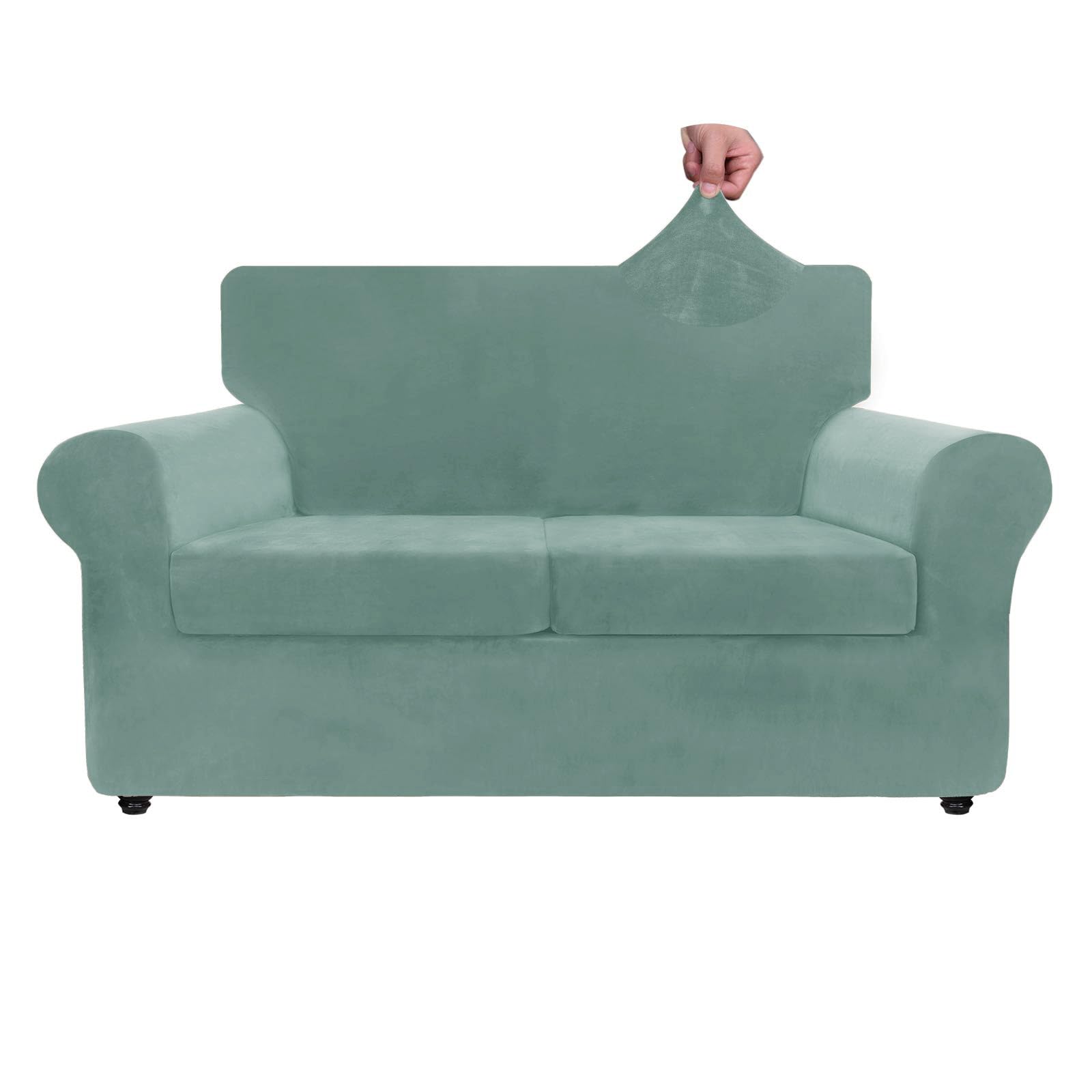 Znsayotx Luxury Velvet Sofa Cover 3 Piece (57'-70') Stretch Loveseat Covers For 2 Cushion Couch Thick Soft Couch Slipcover With Non Slip Strap, Dog Pet Friendly Nice Furniture Protector (Pea Green)