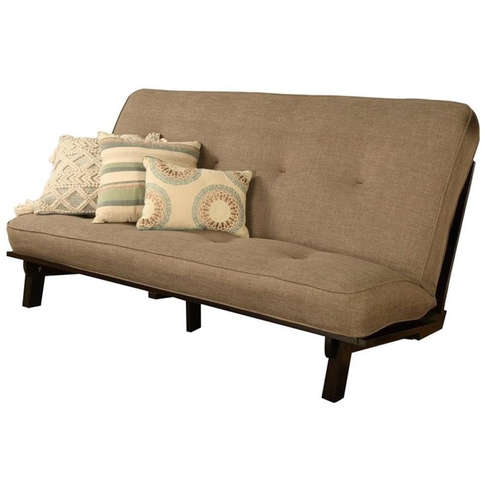 Kodiak Furniture Carson Full Size Futon Frame and Mattress Set - Java Brown Finish Wood Futon Frame with Mattress Included in Linen Stone Color