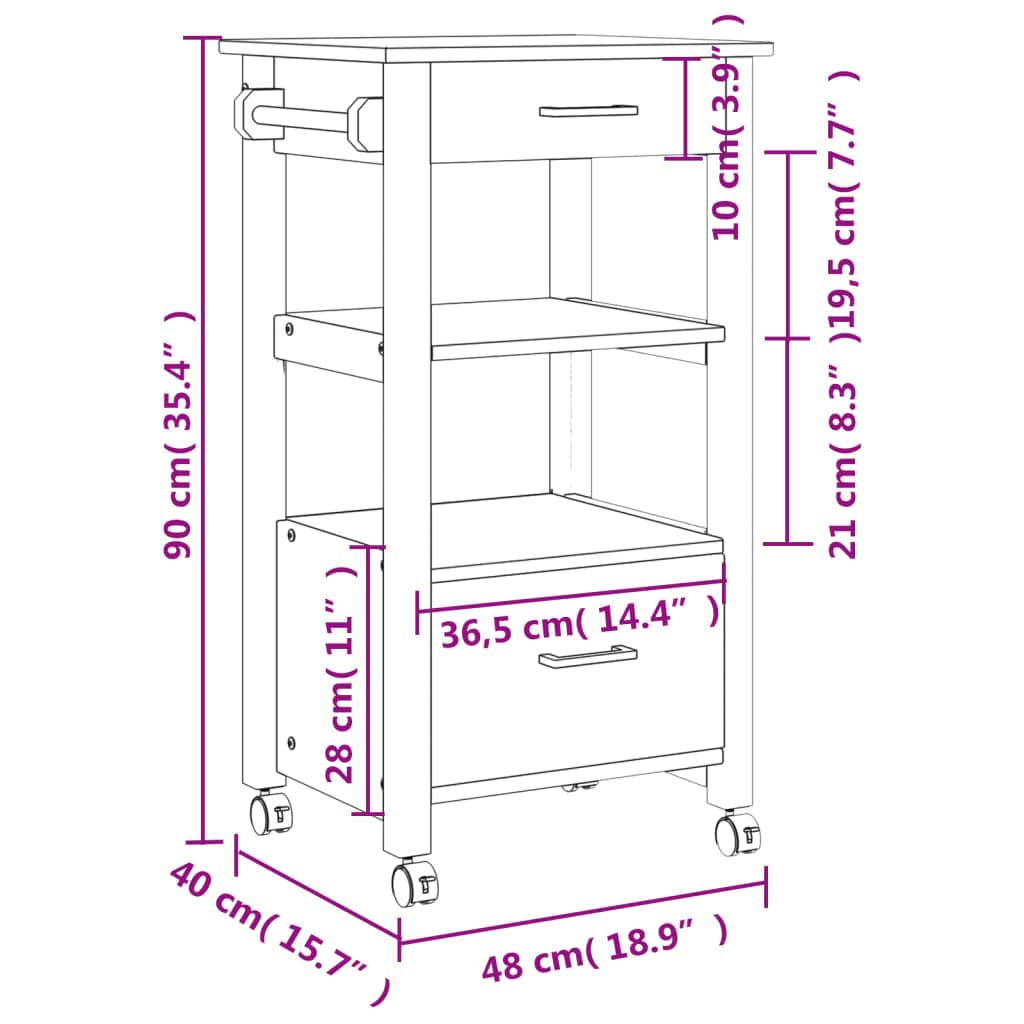 vidaXL Solid Pine Wood Kitchen Trolley - White/Honey Wax Finish, 2-Drawer Organizer Cart on Wheels for Kitchen/Living Room, 18.9x15.7x35.4 inch