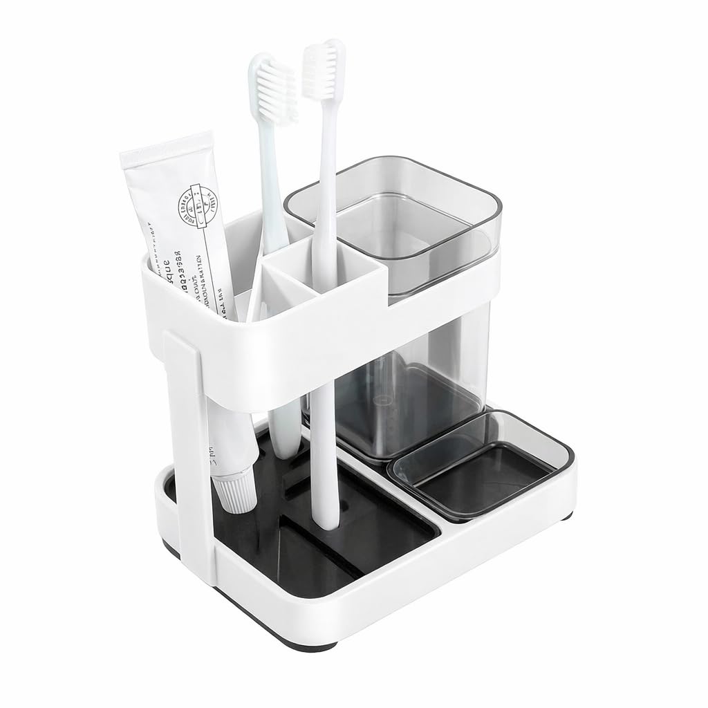 Philocaly Enterprise Plastic Bathroom Toothbrush Toothpaste Holder Stand Storage Organizer with Cup, Off White (1 Cup Toothbrush