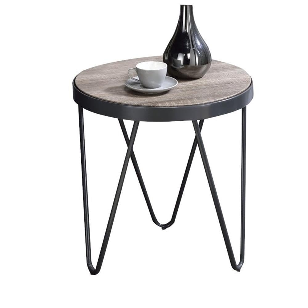 Acme Bage Round Wooden Top End Table in Weathered Gray Oak