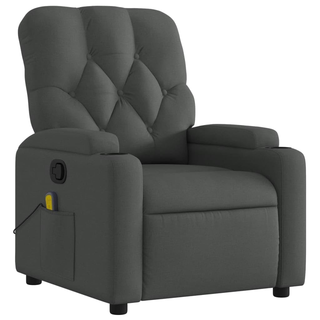 vidaXL Massage Recliner Chair - Dark Gray Fabric Lounger with 6-Point Vibration Massage, Manual Reclining Handle, Cup Holders and Side Pocket, Comfort Padded Seat for Living Room