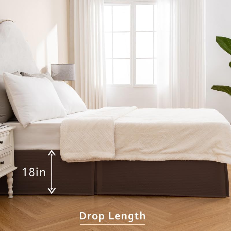 Miye Pleated Waffle Weave Bed Skirt, Tailored Dust Ruffle 18 Inch Drop Easy Fit, Machine Washable (Brown, Queen - 18'' Drop)