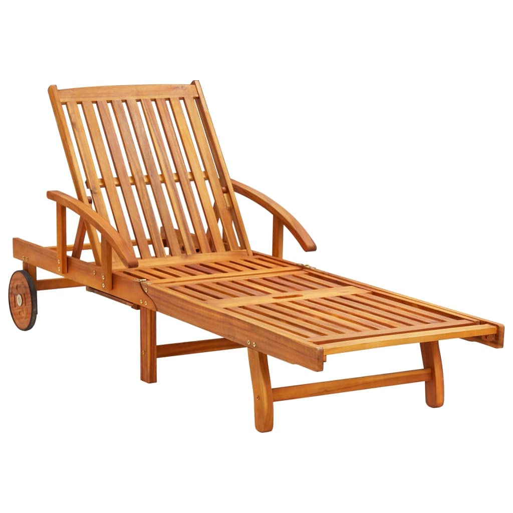 vidaXL 2 Piece Sun Loungers with Cushions in Rustic Acacia Wood - Inbuilt Wheels for Easy Movement - Adjustable Backrest and Footrest - Leaf Pattern Decorative Cushions