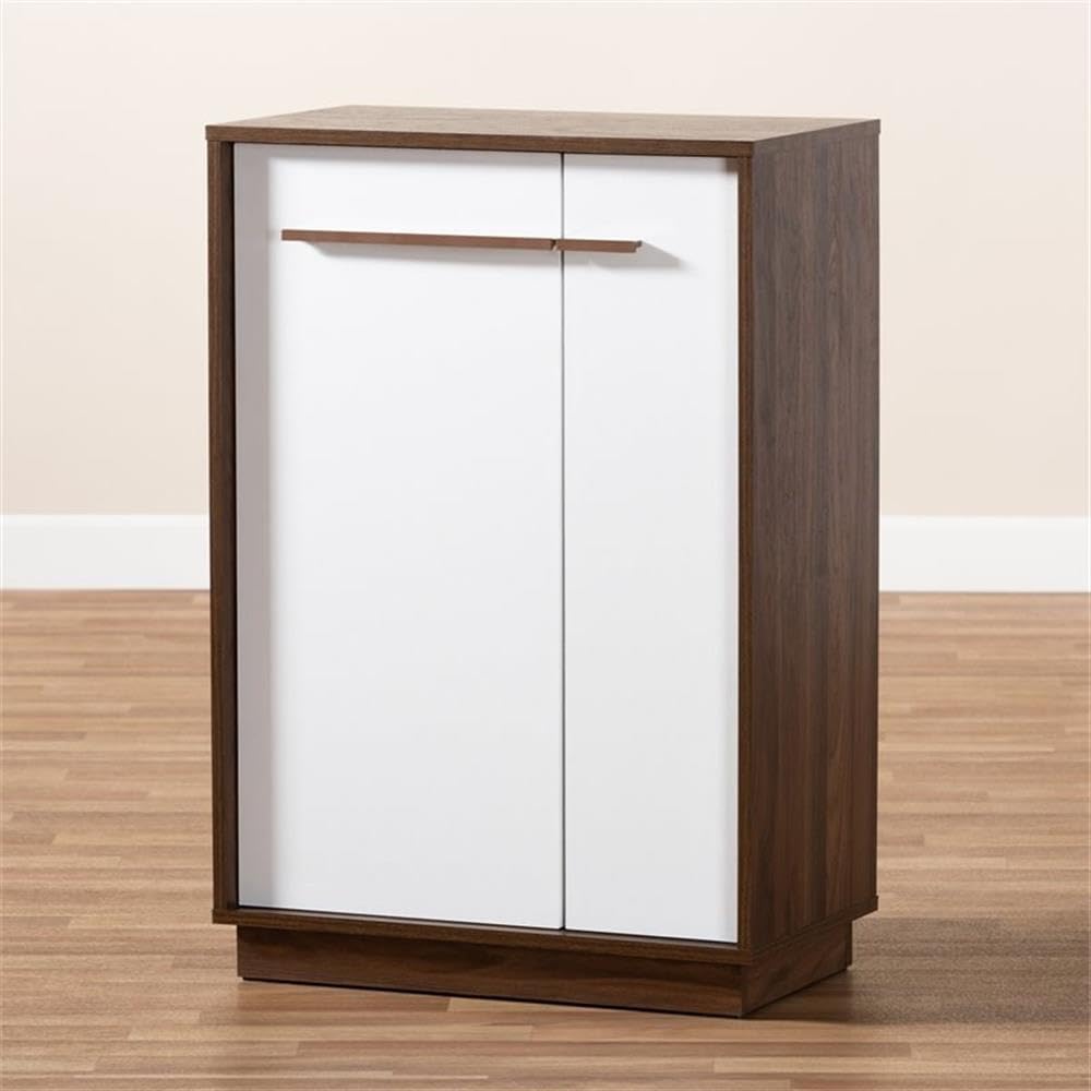 Baxton Studio Mette Mid-Century Modern Two-Tone White and Walnut Finished 5-Shelf Wood Entryway Shoe Cabinet