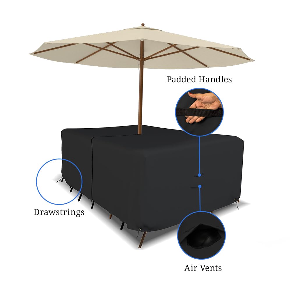 Covers & All Rectangle Table & Chair Set Cover, Umbrella Hole, 12 Oz Waterproof Uv & Weather Resistant, Patio Lawn Garden Backyard Furniture, Air Vents & Drawstrings (108'L X 82'W X 23'H, Black)