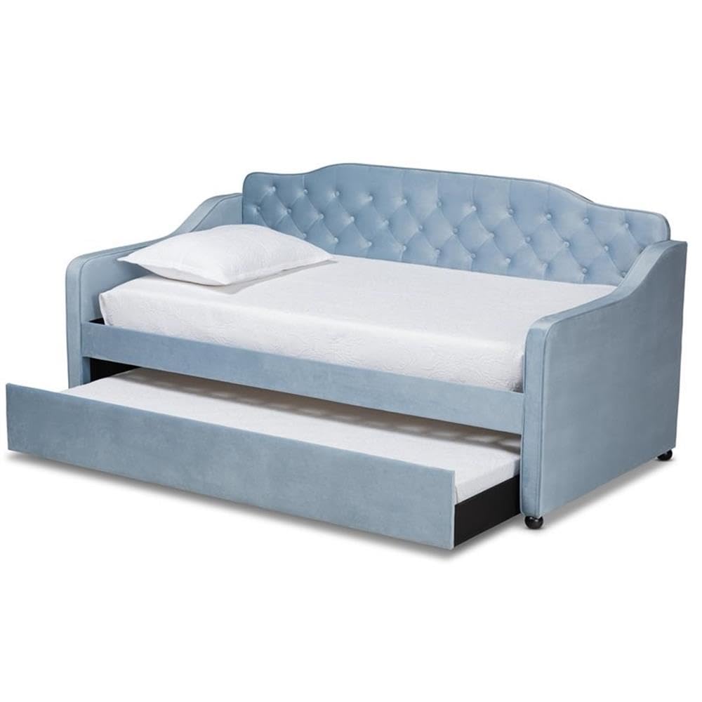 Baxton Studio Freda Traditional and Transitional Light Blue Velvet Fabric Upholstered and Button Tufted Twin Size Daybed with Trundle