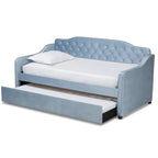 Baxton Studio Freda Traditional and Transitional Light Blue Velvet Fabric Upholstered and Button Tufted Twin Size Daybed with Trundle