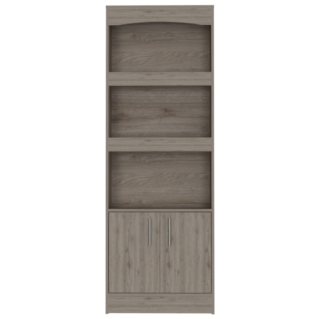 Dozza Bookcase with 3 Shelves, Double Door Cabinet, and Metal Handles, Light Gray