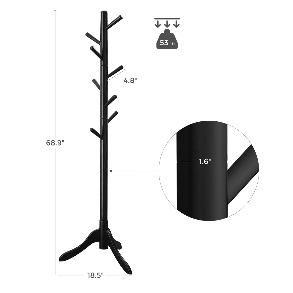 Vasagle Solid Wood Coat Rack, Free Standing Coat Rack, Tree-Shaped Coat Rack With 8 Hooks, 3 Height Options, For Clothes, Hats, Bags, For Living Room, Bedroom, Home Office, Black Urcr001B01