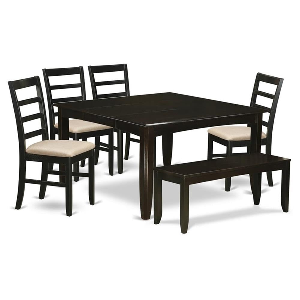 East West Furniture Parfait 6 Piece Set Contains a Square Dinner Table with Butterfly Leaf and 4 Linen Fabric Dining Room Chairs with a Bench, 54x54 Inch, Cappuccino