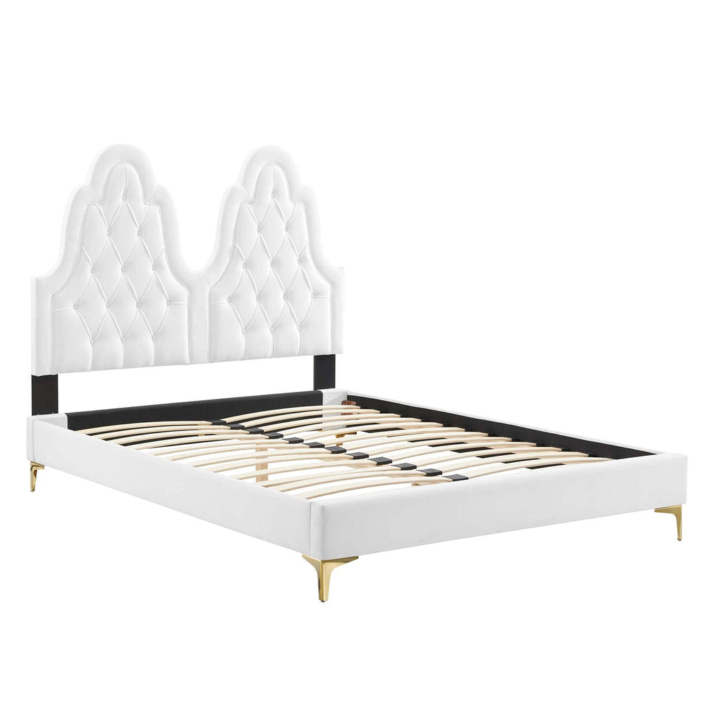 Modway Alexandria Tufted Performance Velvet Platform Bed with Gold Legs, Twin, White