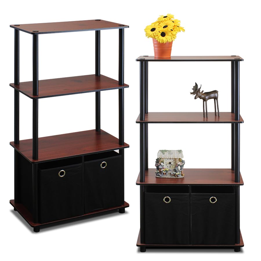 Furinno Go Green 4-Tier Multipurpose Storage Shelf with Bins, Set of 2, Dark Cherry