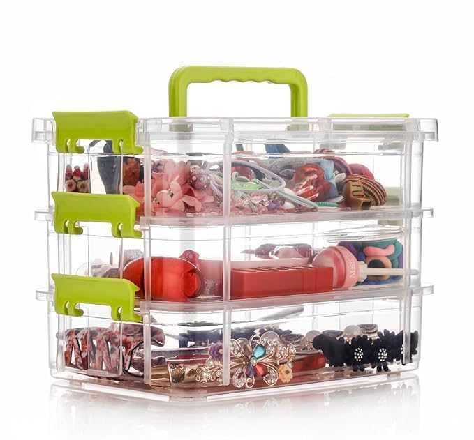 Copelle 3 Layer Plastic Storage Containers, Multipurpose Clear Stack & Carry Box, Portable Craft Organizers, and Storage Bin for