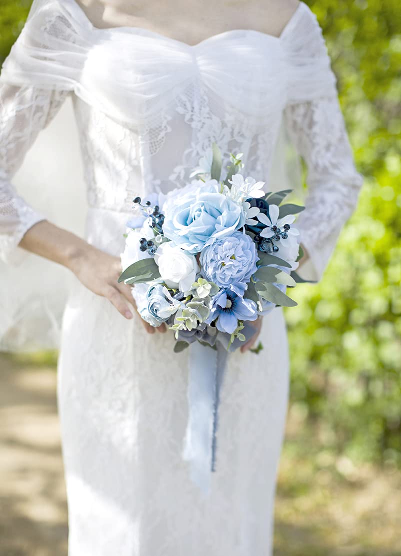 Ansofi Dusty Blue Wedding Bouquets for Bride Bridesmaids Artificial Rose Flower Bridal Bouquet for Wedding Ceremony Anniversary,